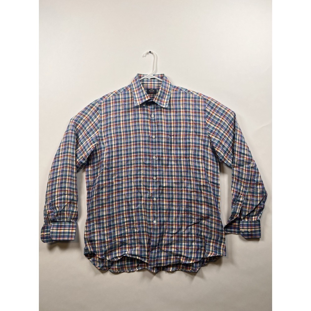 Paul & Shark Shirt Mens Size LARGE 42 Plaid Button Up Long Sleeve Yachting Linen